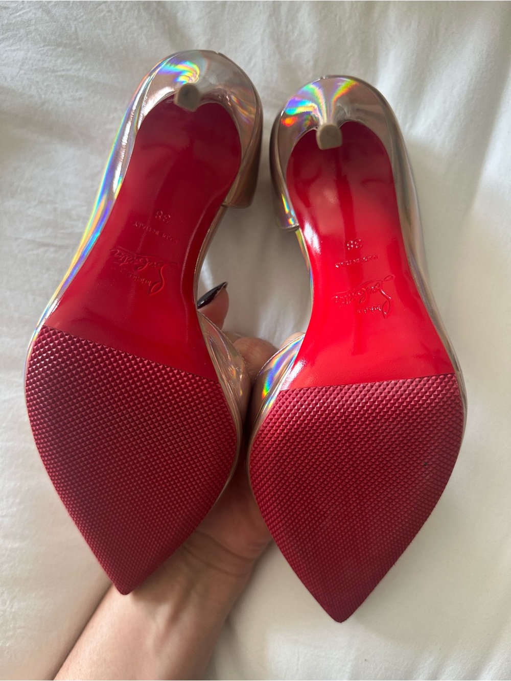 Christian Louboutin Iridescent Pointed-Toe Pumps with Red Soles
